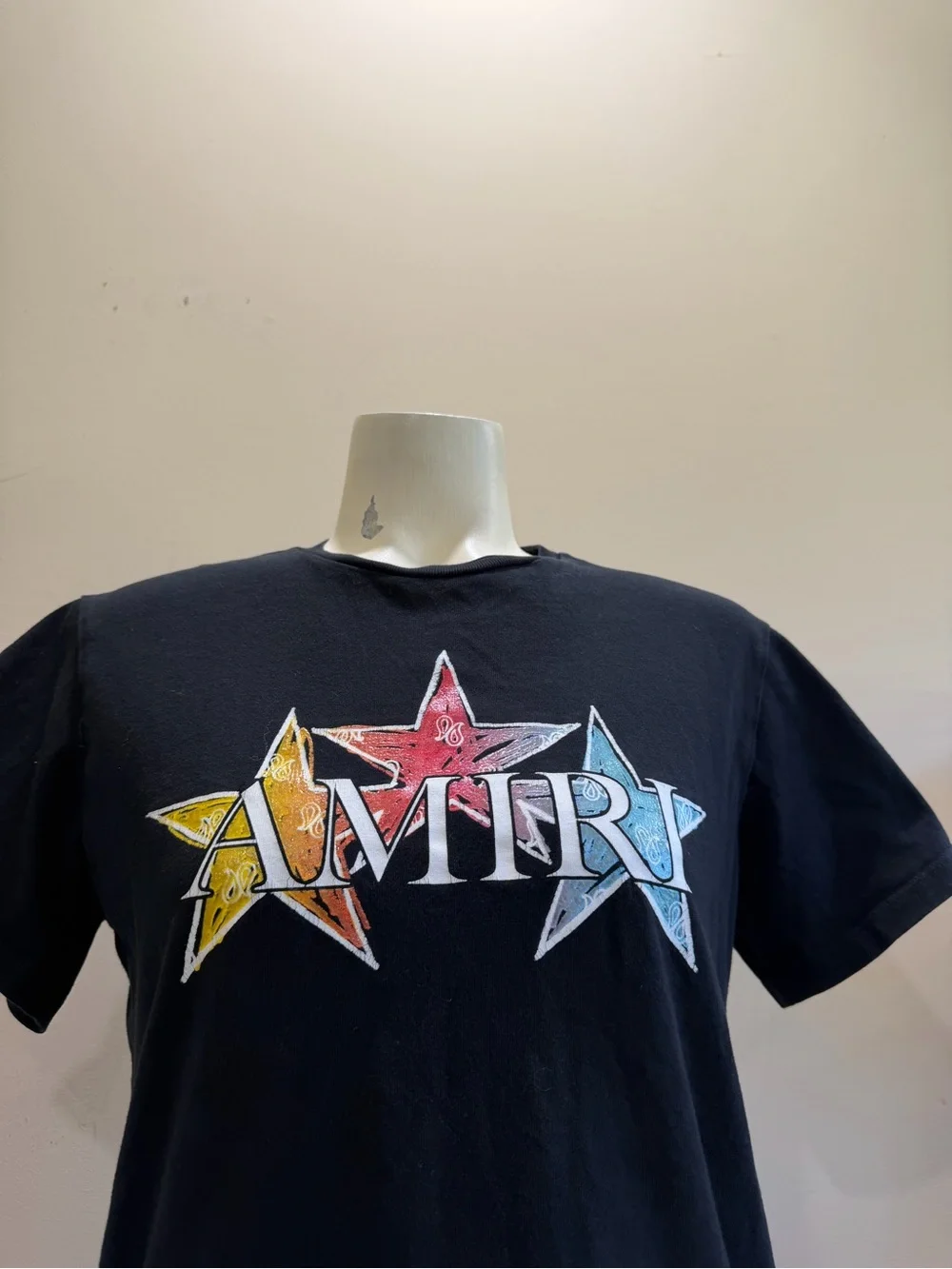 AMIRI Black Crewneck Tee with Multi-Color Star Graphic
